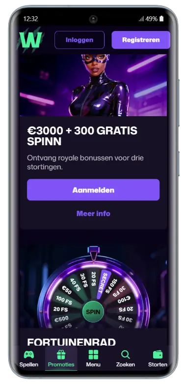 WinBeast Casino bonussen en fortuinenrad promotie Promotiepagina van WinBeast Casino op mobiel met een welkomstbonus van €3000 en 300 gratis spins verdeeld over drie stortingen, een aanmeldknop en een fortuinenrad met diverse prijzen waaronder free spins en geldbedragen