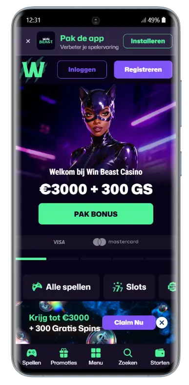 WinBeast Casino mobiele startpagina met welkomstbonus Startpagina van WinBeast Casino op een Android-smartphone met een welkomstbanner, bonusaanbieding van €3000 plus 300 gratis spins, een groene PAK BONUS-knop, betaalopties Visa en Mastercard en navigatieknoppen voor spellen en slots