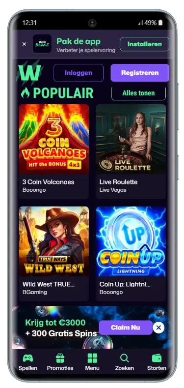 Populaire casinospellen in de WinBeast mobiele app Mobiele weergave van de populaire spellen sectie bij WinBeast Casino met titels als 3 Coin Volcanoes van Booongo, Live Roulette van Live Vegas, Wild West TRUE van BGaming en Coin Up Lightning van Booongo, plus een welkomstbonusbanner van €3000 en 300 gratis spins