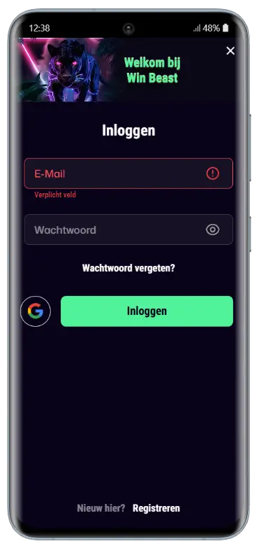 WinBeast Casino inlogpagina op mobiel Inlogscherm van WinBeast Casino op mobiel met invoervelden voor e-mail en wachtwoord, een knop voor inloggen via Google en een link naar de registratiepagina voor nieuwe spelers